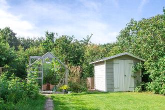 Garden with wooden shed and greenhouse